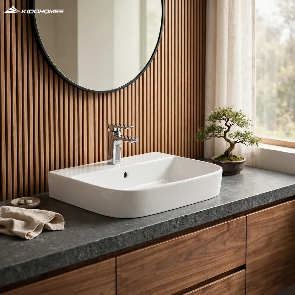 Phối cảnh phòng tắm master phong cách Japandi với chậu lavabo đặt bàn INAX AL-632VFC trên bàn đá xám và tủ gỗ óc chó
