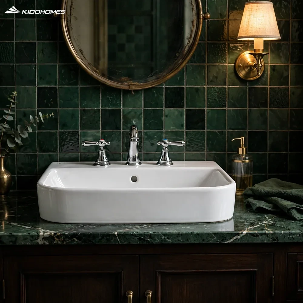 Phối cảnh phòng tắm master phong cách heritage gạch xanh đậm với chậu lavabo đặt bàn INAX AL-632VGC và bộ vòi 2 tay gạt