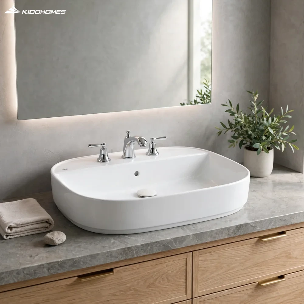 Phối cảnh phòng tắm phong cách spa hiện đại với chậu lavabo đặt bàn INAX AL-652VEC trên bàn đá xám và tủ gỗ sáng