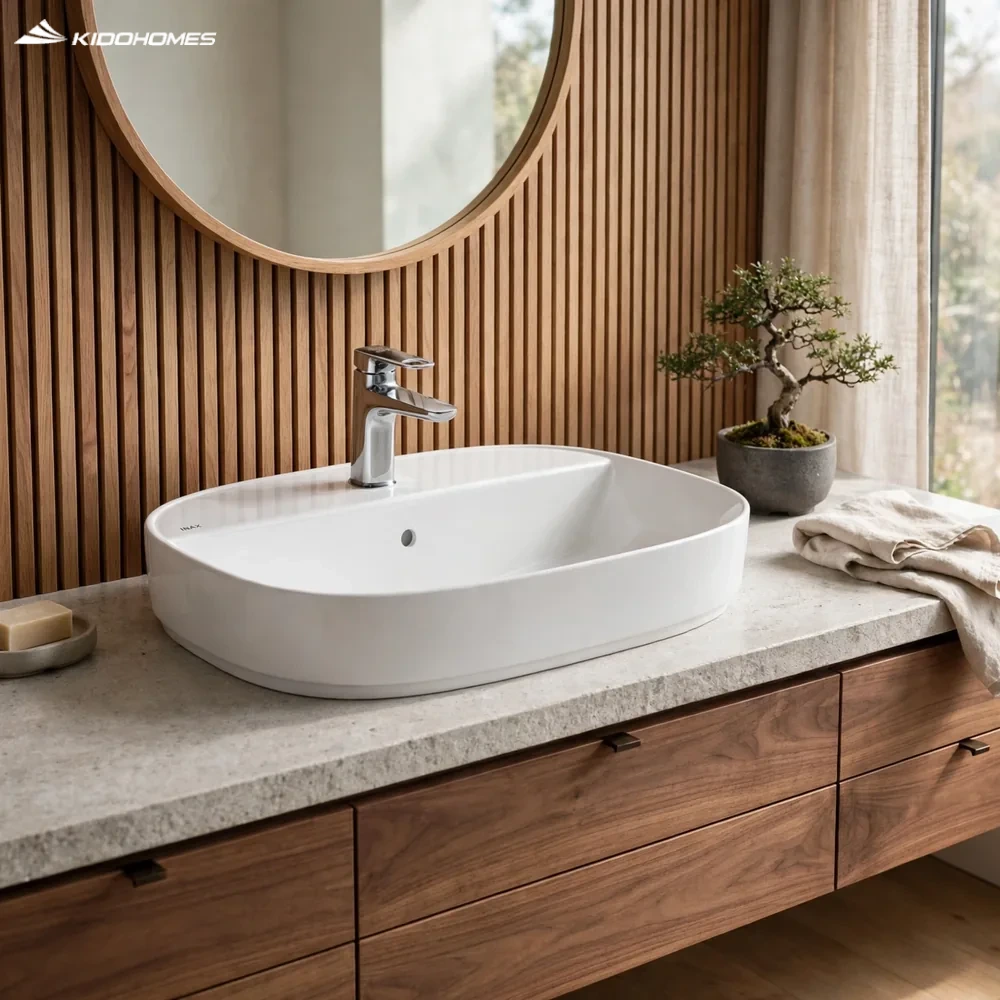 Phối cảnh phòng tắm master phong cách Japandi với chậu lavabo đặt bàn INAX AL-652VFC trên tủ gỗ óc chó
