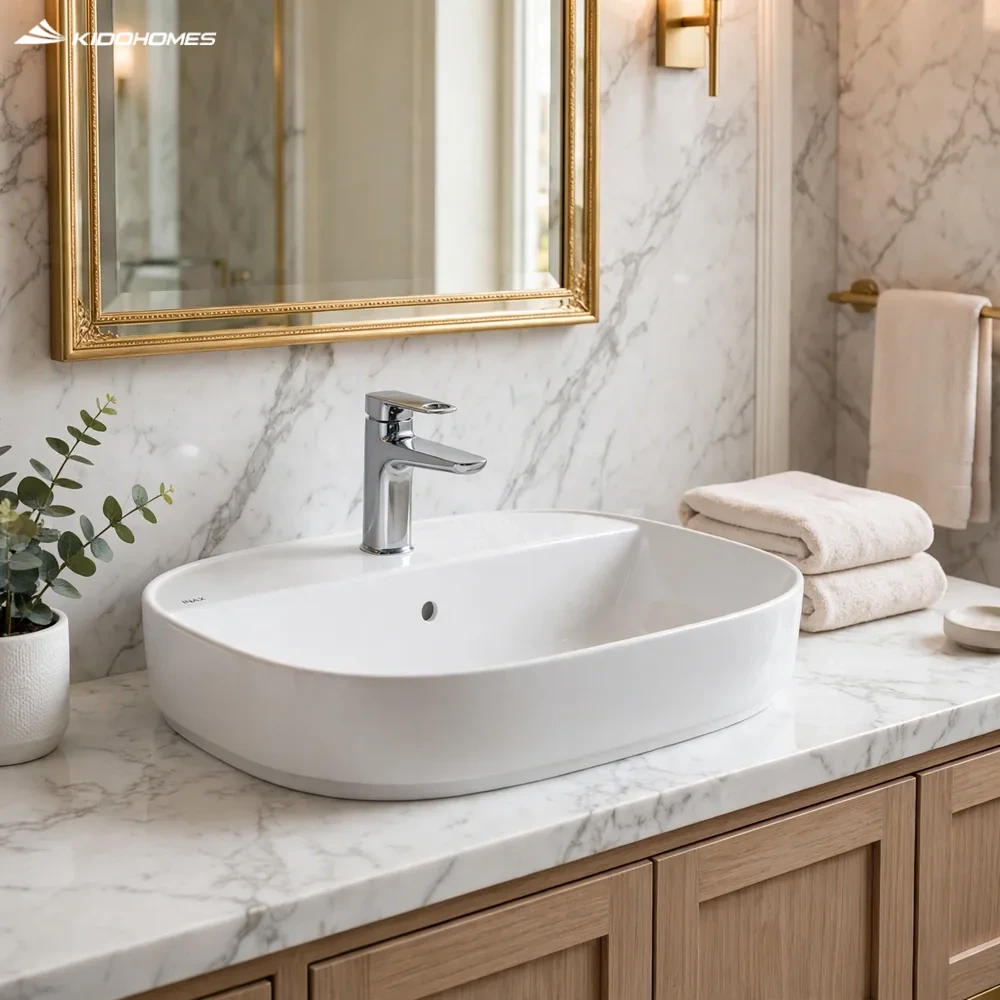 Không gian phòng tắm đá marble sang trọng với chậu rửa mặt đặt bàn INAX AL-652VFC dáng vuông bầu