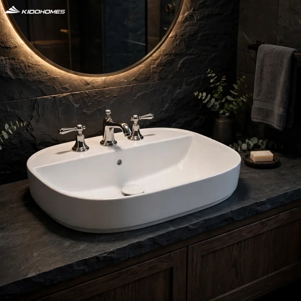 Phối cảnh phòng tắm khách sạn sang trọng tông tối với chậu lavabo đặt bàn INAX AL-652VGC trên bàn đá than