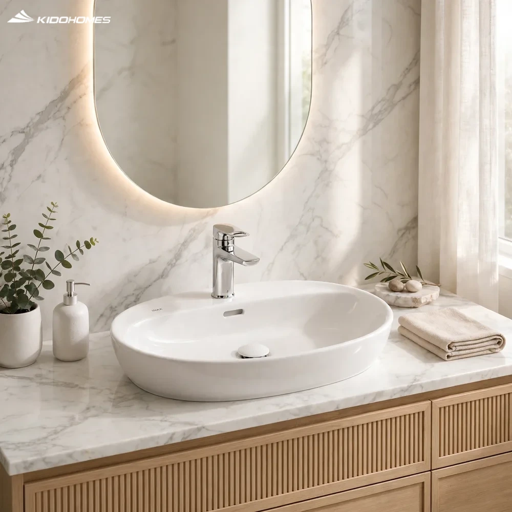 Phối cảnh phòng tắm Japandi với chậu lavabo đặt bàn INAX AL-662VFC trên bàn đá sáng