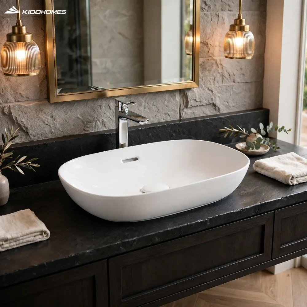 Phối cảnh phòng tắm master với chậu lavabo đặt bàn INAX AL-682V và vòi cổ cao trên bàn đá