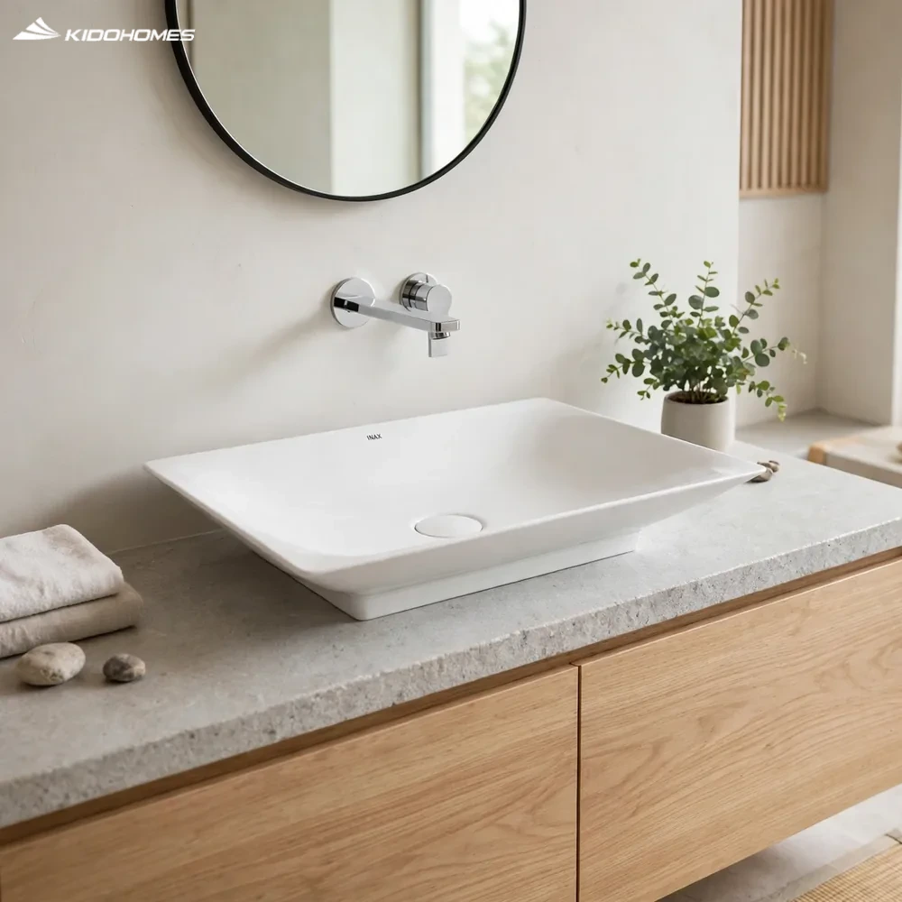 Phối cảnh phòng tắm tối giản kiểu Nhật với chậu lavabo đặt bàn INAX AL-S610V dáng chữ nhật và vòi gắn tường
