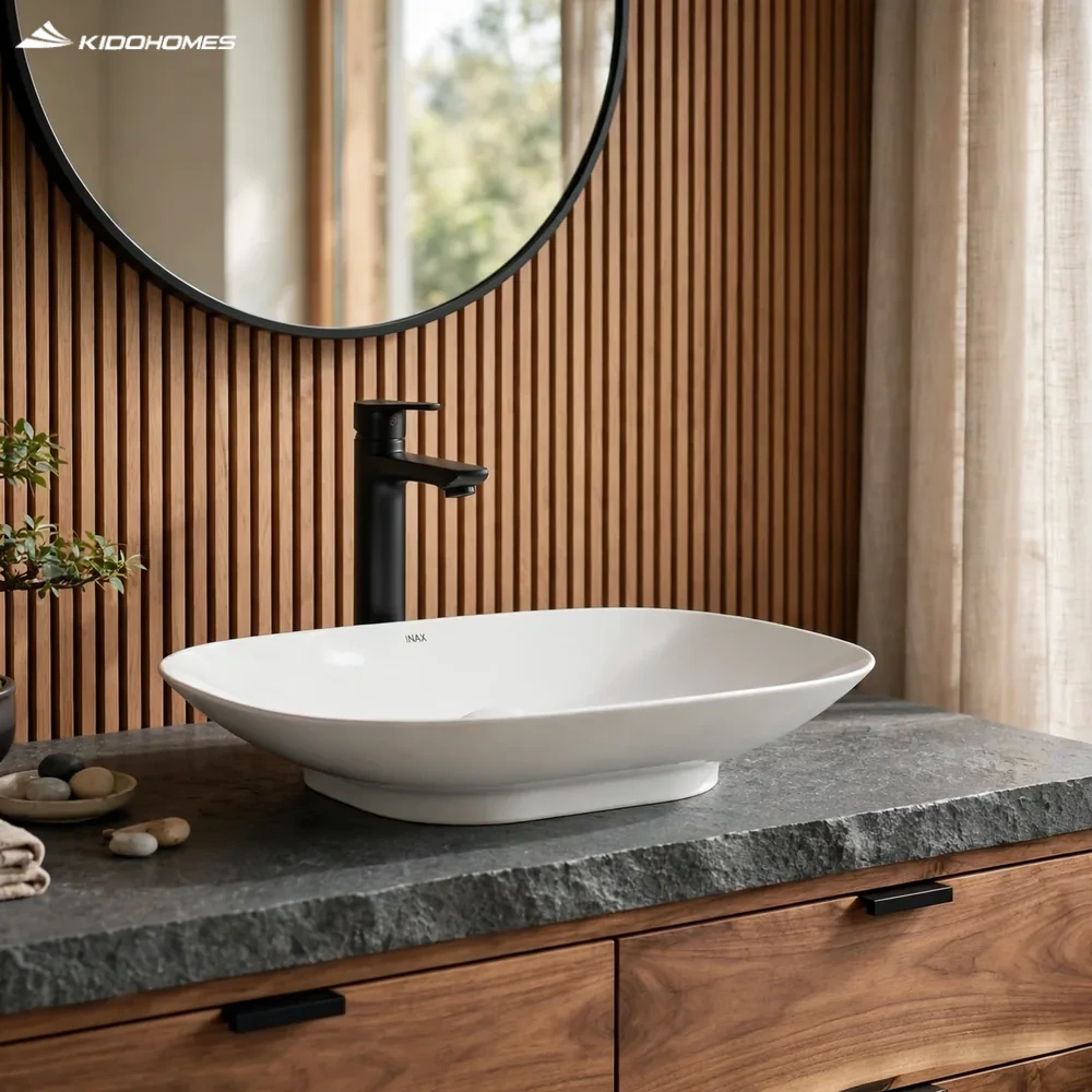 Phối cảnh phòng tắm master phong cách Japandi với chậu lavabo đặt bàn INAX AL-S620V trên bàn đá xám, tủ gỗ óc chó và vòi thân cao màu đen