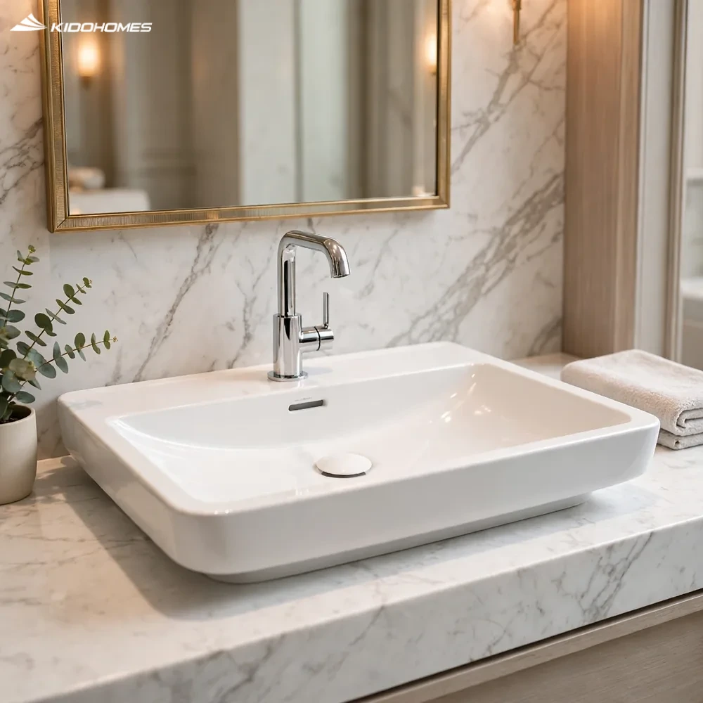 Phối cảnh phòng tắm master với chậu lavabo đặt bàn INAX AL-S630VFC trên bàn đá và vòi 1 tay gạt thân cao