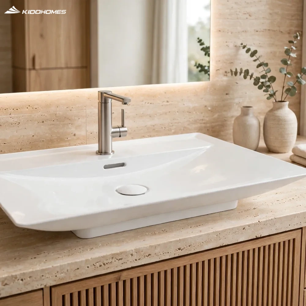 Không gian phòng tắm sang trọng với chậu rửa mặt đặt bàn INAX AL-S630VFC dáng chữ nhật vành sứ siêu mỏng Cerafine