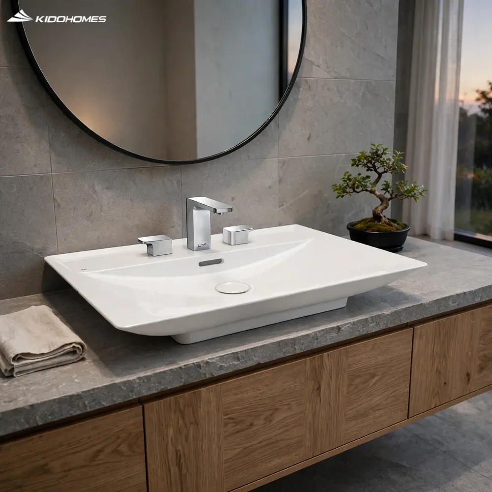 Phối cảnh phòng tắm master với chậu lavabo đặt bàn INAX AL-S630VGC trên bàn đá và bộ vòi 3 lỗ 2 tay gạt