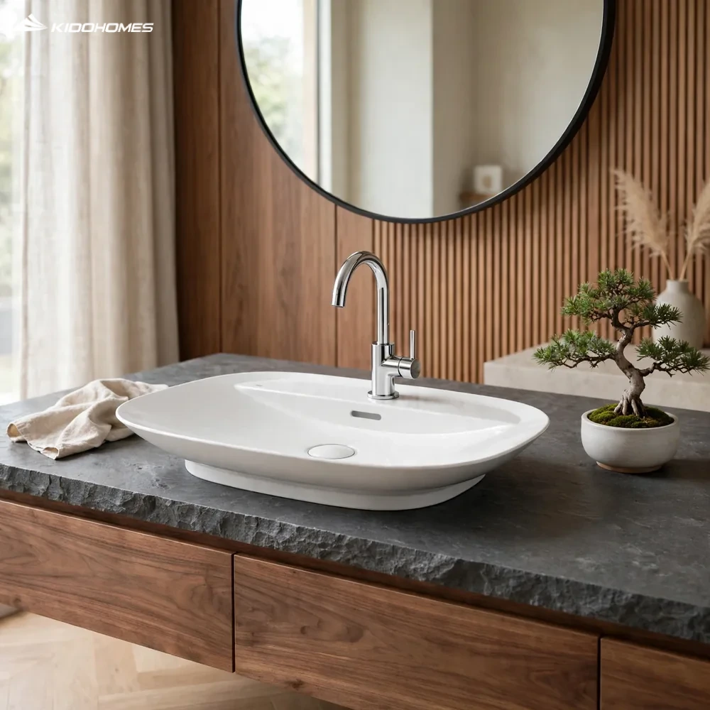 Phối cảnh phòng tắm master với chậu lavabo đặt bàn INAX AL-S640VFC trên bàn đá và vòi 1 tay gạt thân cao