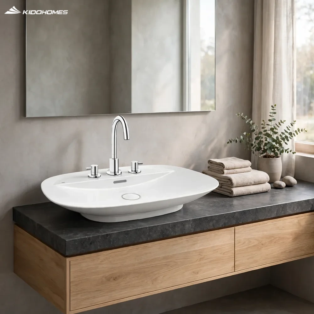 Phối cảnh phòng tắm spa tối giản với chậu lavabo đặt bàn INAX AL-S640VGC trên bàn đá tối màu, tủ gỗ sáng và bộ vòi 2 tay gạt