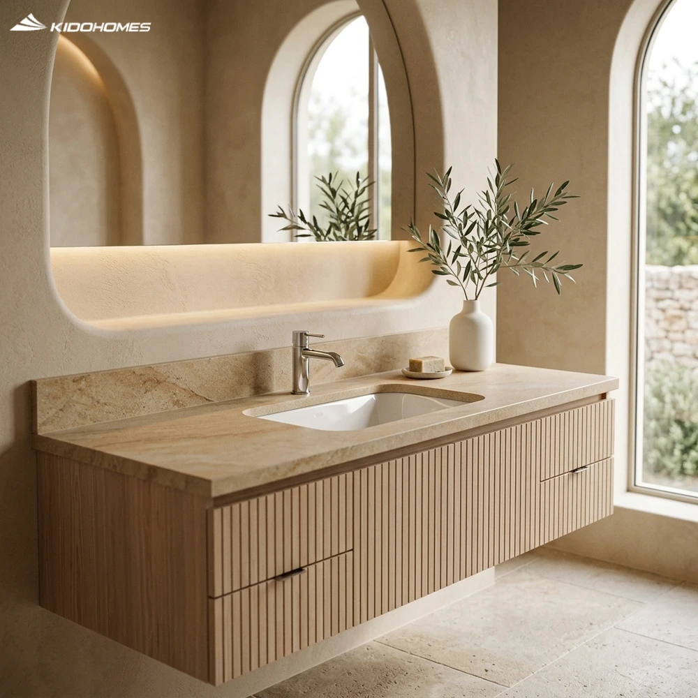 Phối cảnh phòng tắm phong cách tối giản kết hợp chậu lavabo âm bàn INAX L-2298V trên bàn đá sa thạch Sandstone