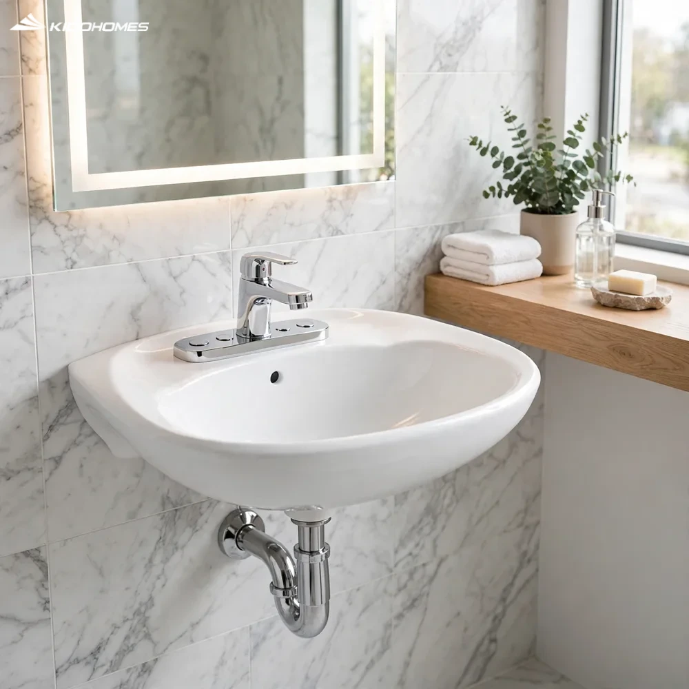 Không gian phòng tắm đá marble với chậu rửa mặt treo tường INAX L-284VEC 3 lỗ