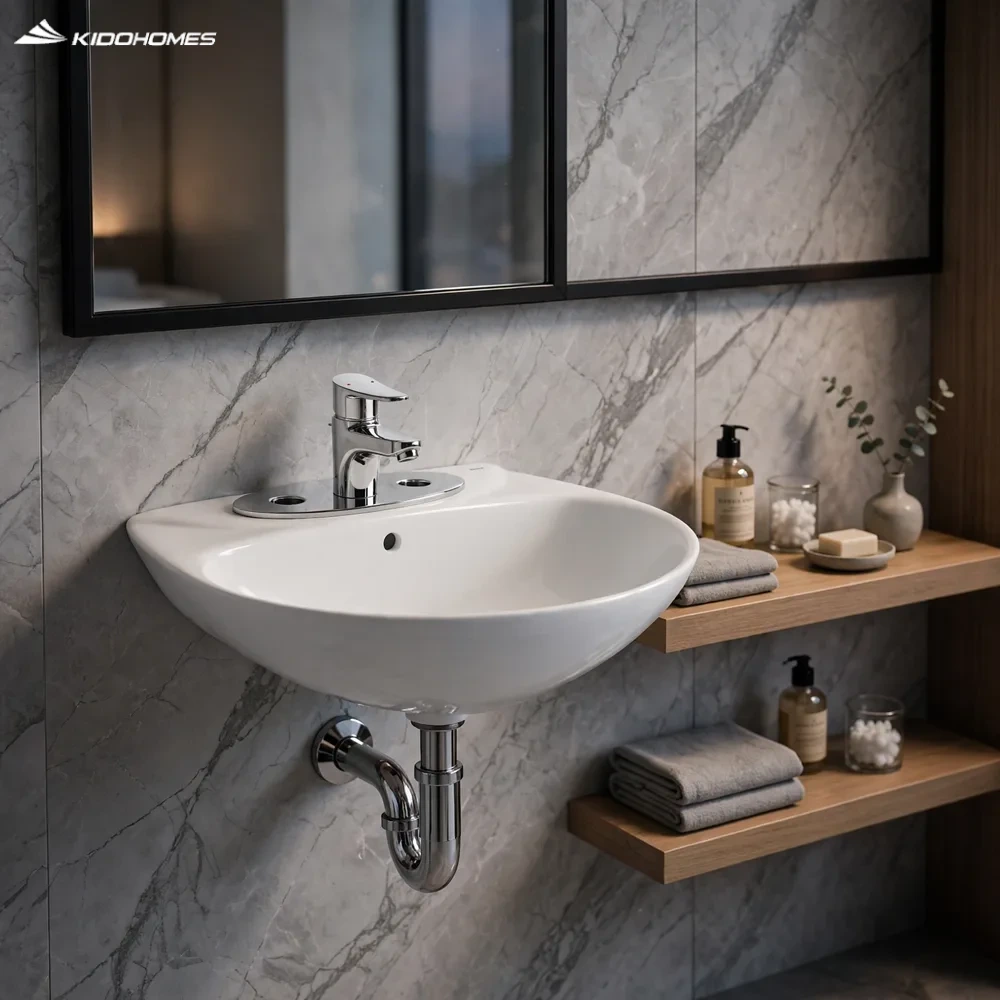 Không gian phòng tắm travertine với chậu rửa mặt treo tường INAX L-285VEC 3 lỗ