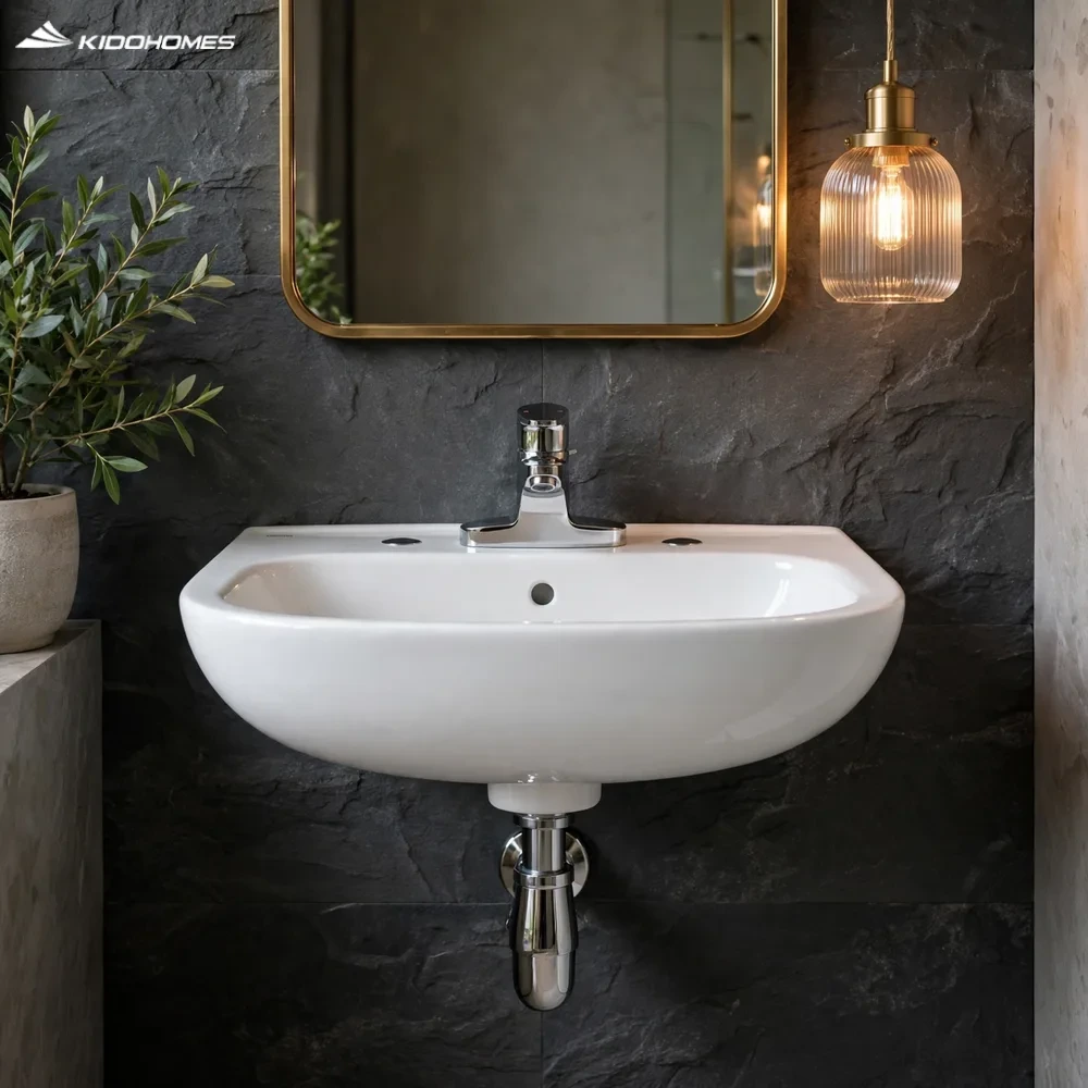 Phối cảnh phòng tắm master với chậu lavabo treo tường INAX L-288VEC trên tường đá tối