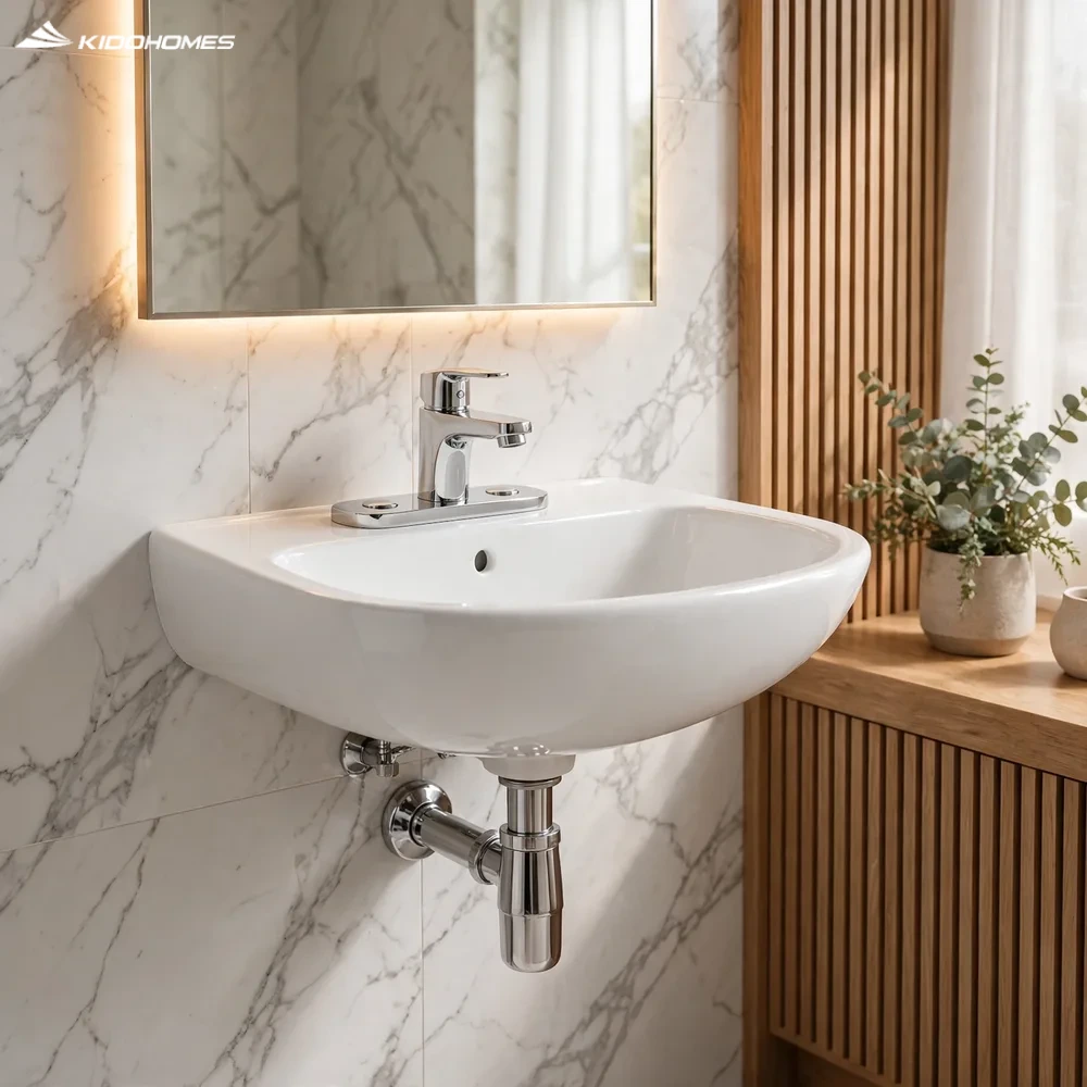 Không gian phòng tắm đá marble với chậu rửa mặt treo tường INAX L-288VEC 3 lỗ