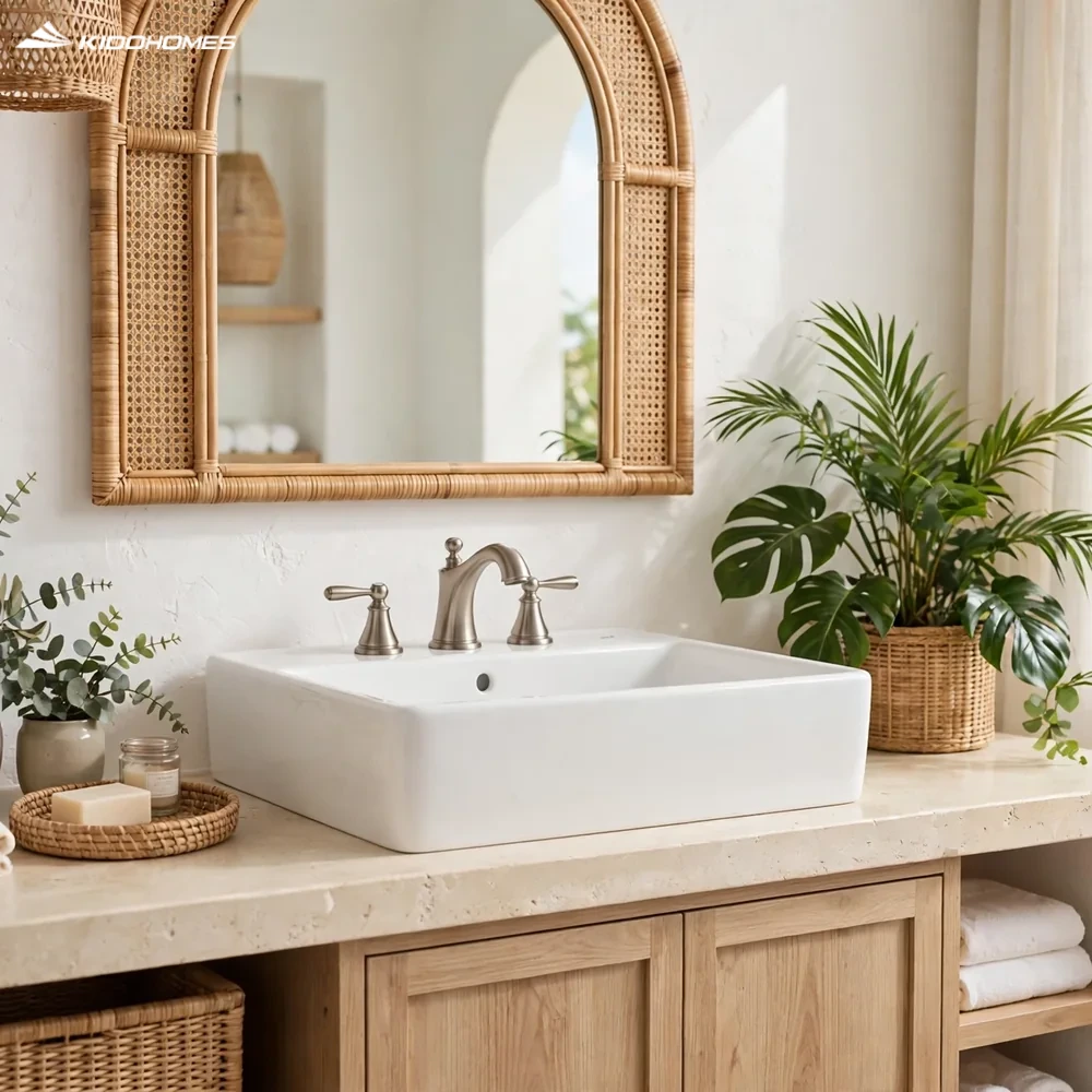 Phối cảnh phòng tắm resort coastal với chậu lavabo đặt bàn INAX L-293VEC trên bàn đá limestone