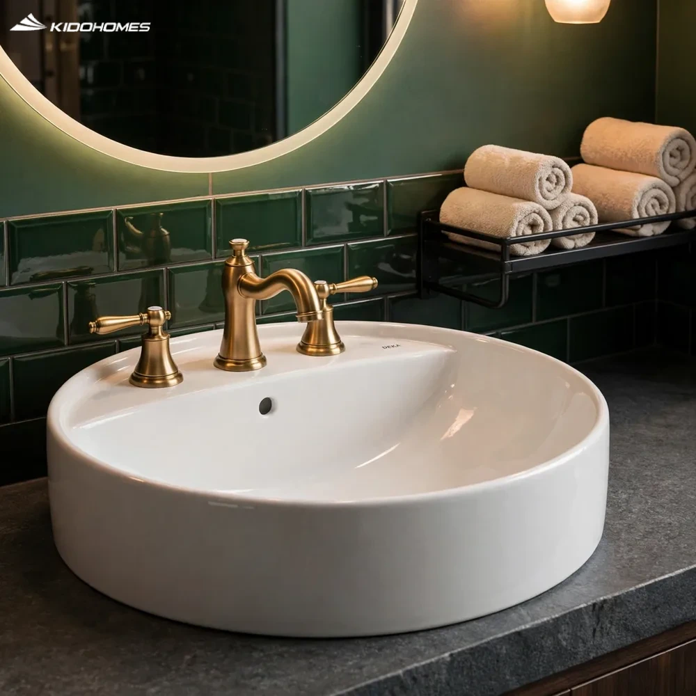 Phối cảnh phòng tắm với chậu lavabo đặt bàn tròn INAX L-294VEC gắn bộ vòi 3 lỗ