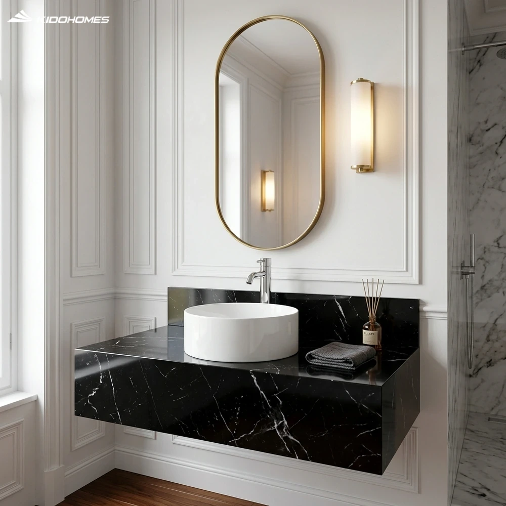 Phối cảnh phòng tắm sang trọng với chậu đặt bàn tròn INAX L-295V trên mặt đá đen Nero Marquina
