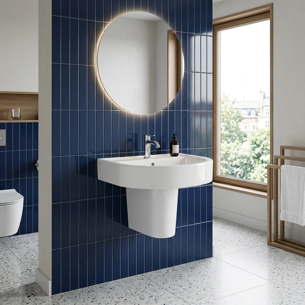 Chậu rửa mặt treo tường chân lửng INAX L-298V/L-298VC trên tường gạch xanh Navy
