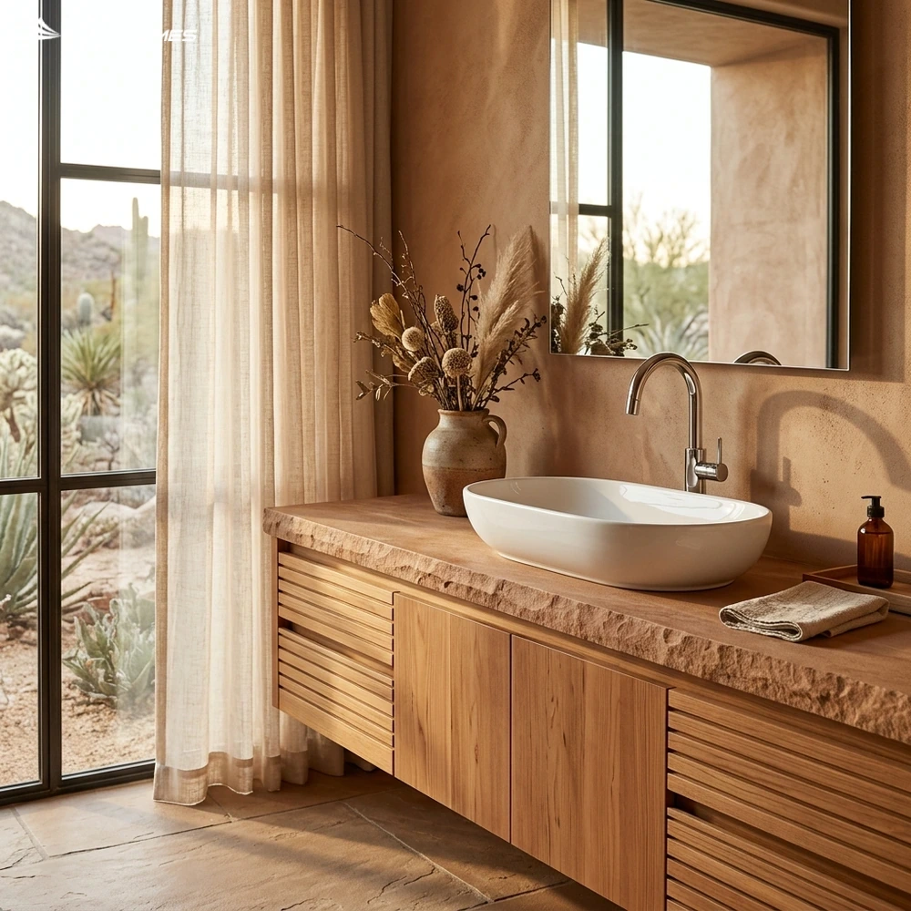 Phối cảnh phòng tắm phong cách Desert Modern kết hợp chậu lavabo đặt bàn elip INAX L-300V
