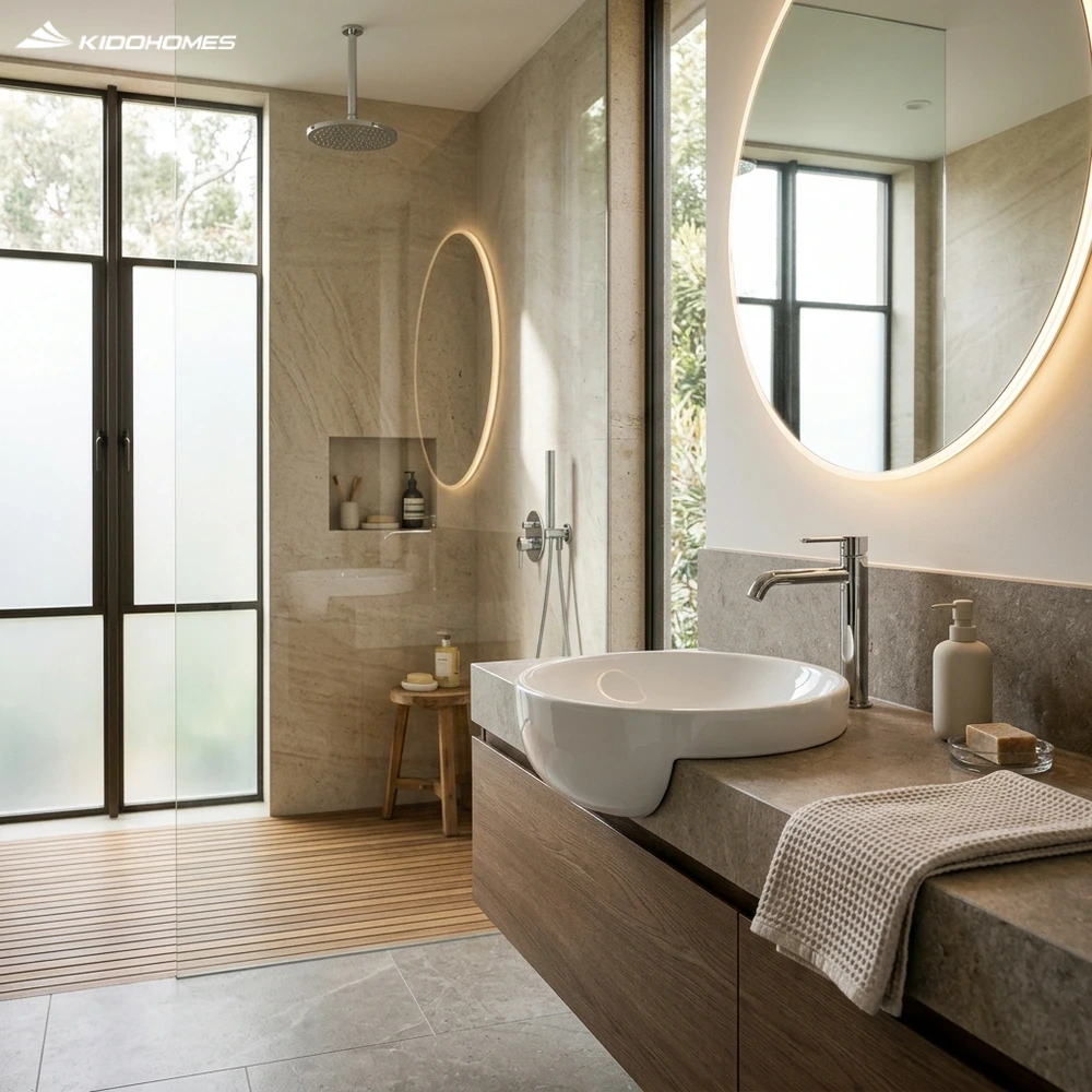 Phối cảnh phòng tắm thư giãn phong cách spa kết hợp chậu lavabo bán âm bàn tròn INAX L-333V
