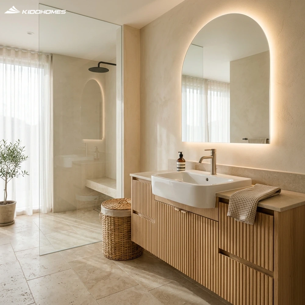 Phối cảnh phòng tắm phong cách Bắc Âu kết hợp chậu lavabo bán âm bàn INAX L-345VEC