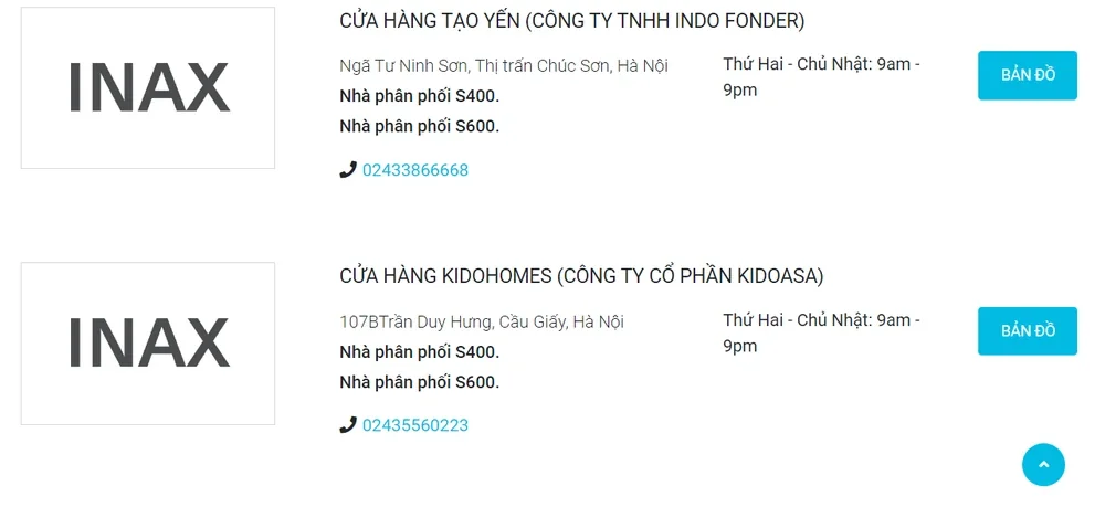 Hệ thống thiết bị vệ sinh Inax trên toàn quốc được cập nhật trên website ccuar hãng