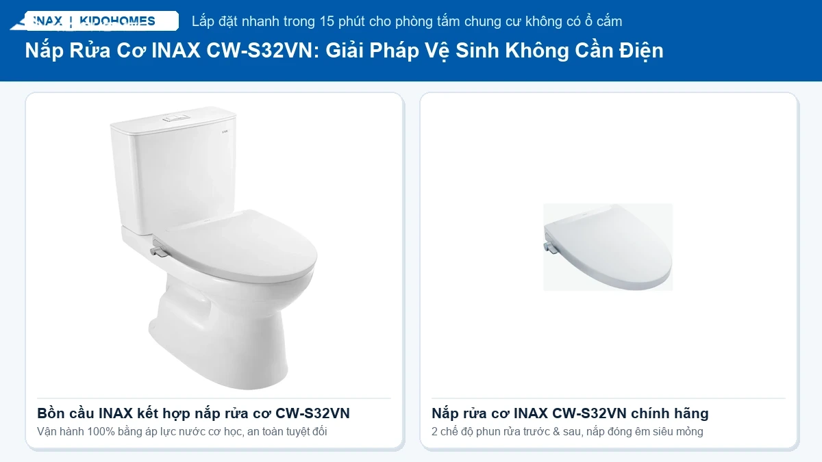 Phòng tắm chung cư không có ổ cắm điện: Giải pháp lắp nắp rửa cơ INAX CW-S32VN chuẩn đẹp trong 15 phút