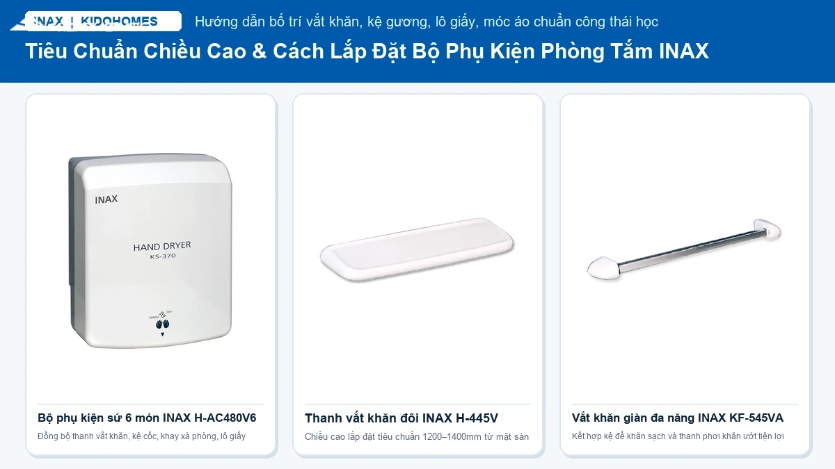Hướng dẫn chiều cao và cách lắp đặt bộ phụ kiện phòng tắm INAX 6 món chuẩn kỹ thuật
