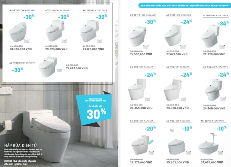 Thiết bị vệ sinh INAX chiết khấu bao nhiêu? Cập nhật mức ưu đãi mới nhất 2025 1 Mức chiết khấu thiết bị vệ sinh INAX mới nhất năm 2025: bồn cầu nắp rửa điện tử chiết khấu đến 30%