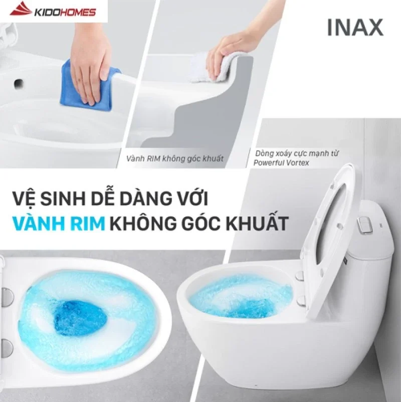 Các mẫu bồn cầu liền khối của INAX nổi bật với thiết kế xả nước êm ái, sử dụng công nghệ xả xoáy mạnh mẽ nhưng không gây tiếng động lớn