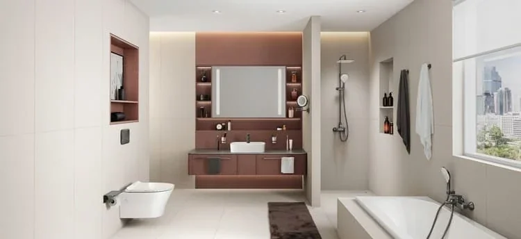 Khoảng cách từ tim ống xả đến tường của bồn cầu treo tường từ 170 – 250 mm tùy vào thiết kế và model.