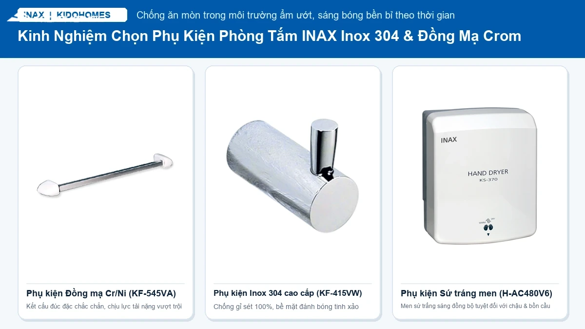 Kinh nghiệm chọn phụ kiện phòng tắm INAX Inox 304 và đồng mạ Crom bền đẹp không gỉ