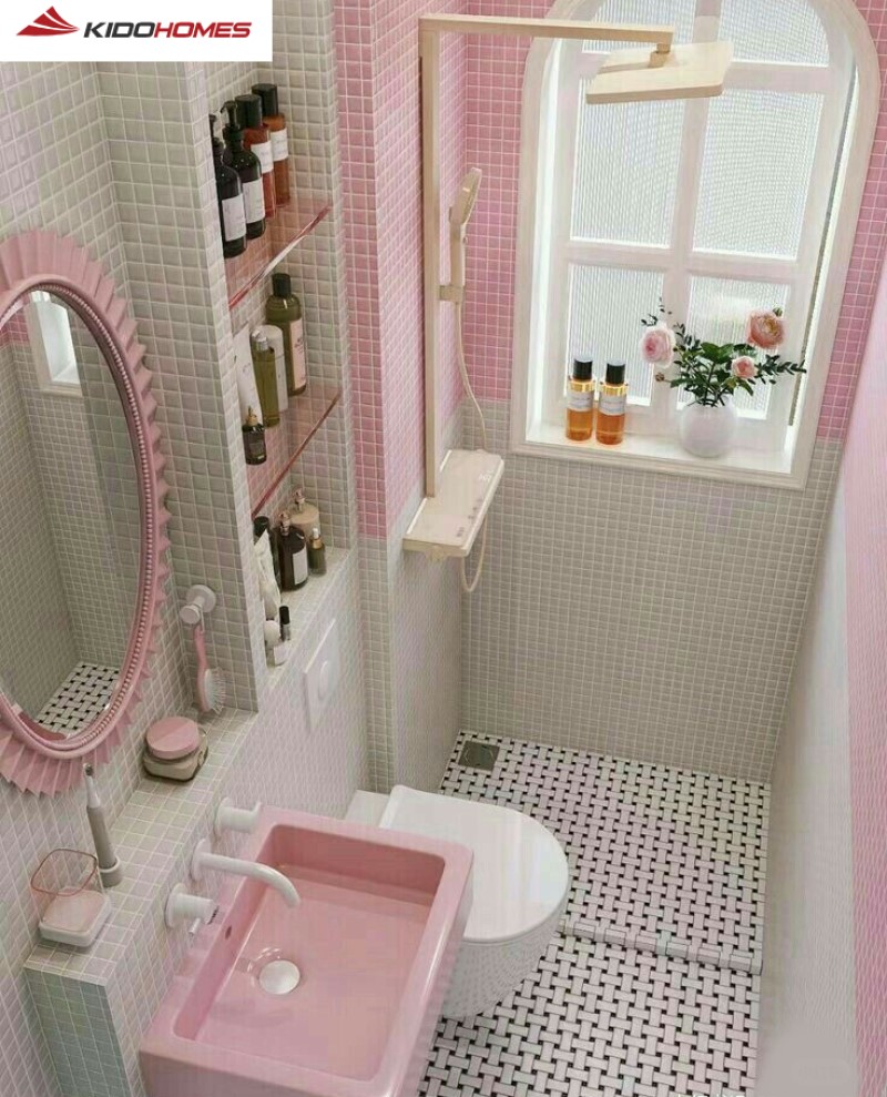 Với phòng tắm nhỏ, nên ưu tiên tông hồng nhạt, hồng pastel cho tường Với phòng tắm nhỏ, nên ưu tiên tông hồng nhạt, hồng pastel cho tường