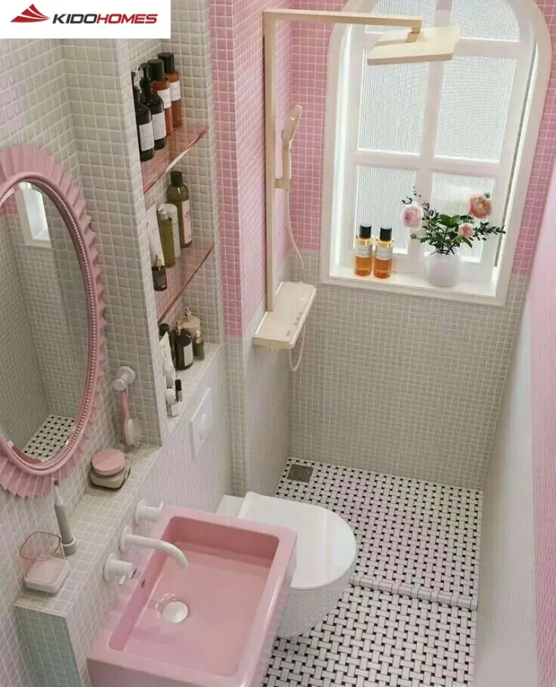 Với phòng tắm nhỏ, nên ưu tiên tông hồng nhạt, hồng pastel cho tường
