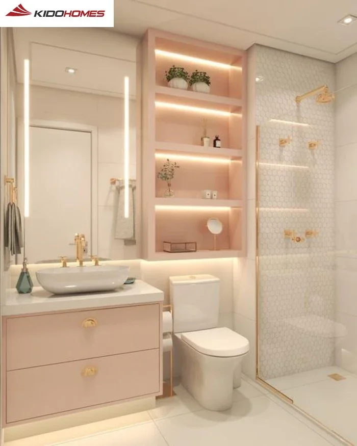 Phòng tắm màu hồng tối giản lấy hồng pastel làm điểm nhấn nhẹ nhàng