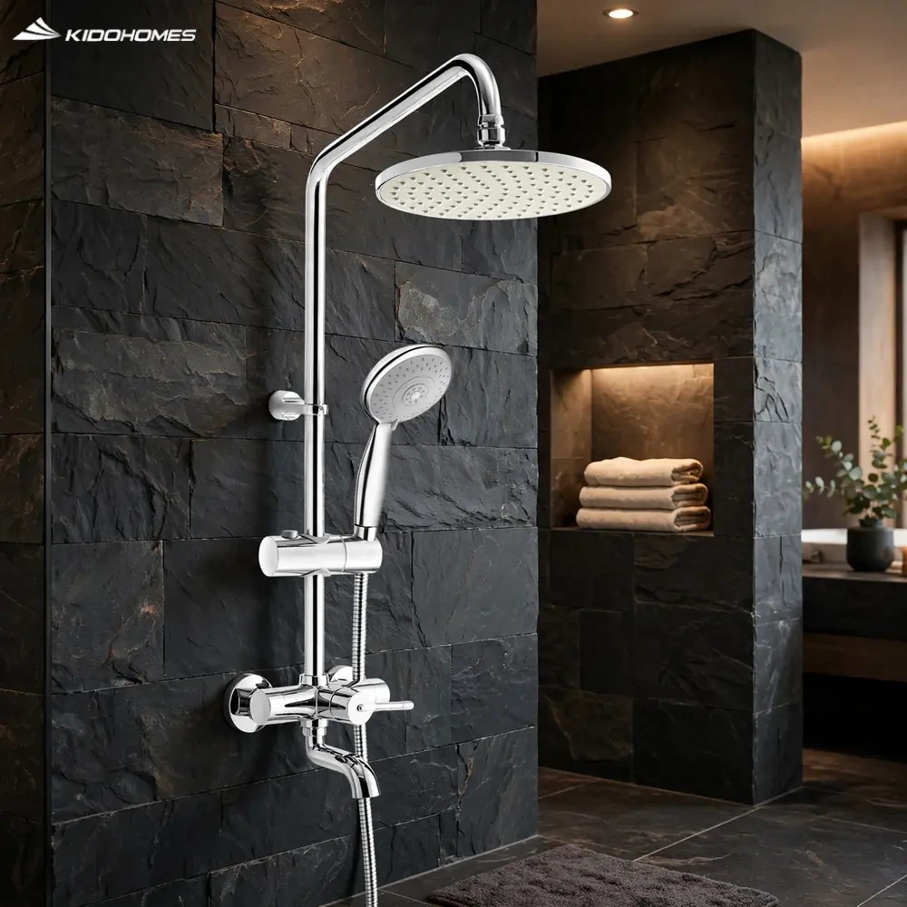 Không gian phòng tắm đá tối sang trọng với sen cây tắm đứng INAX BFV-1115S-3C-2 bát sen trần tròn lớn