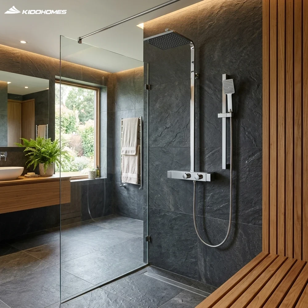 Không gian phòng tắm spa đá tối và gỗ ấm lắp đặt sen cây tắm nhiệt độ INAX BFV-639T dòng S400