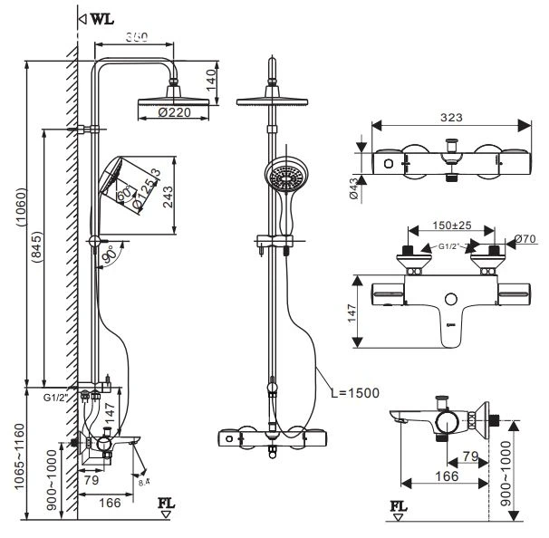 Bản vẽ kỹ thuật Sen cây tắm nhiệt độ INAX BFV-3415T-8C