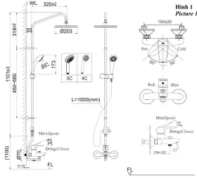 Bản vẽ kỹ thuật Sen cây tắm nóng lạnh INAX BFV-1115S