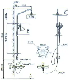 Bản vẽ kỹ thuật Sen cây tắm nóng lạnh INAX BFV-1405S