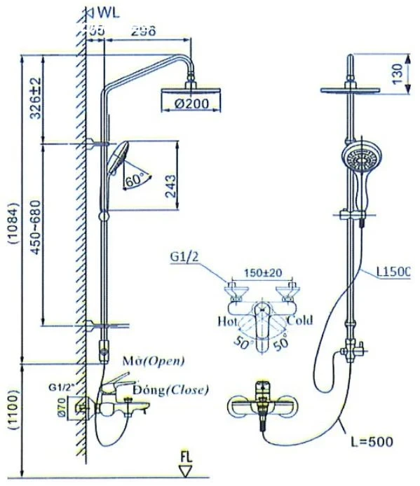 Bản vẽ kỹ thuật Sen cây tắm nóng lạnh INAX BFV-1405S
