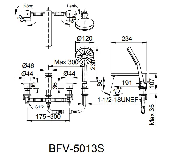 Bản vẽ kỹ thuật sen vòi bồn tắm nóng lạnh INAX BFV-5013S