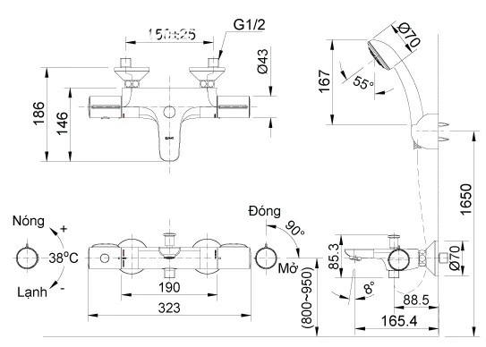 Bản vẽ kỹ thuật Sen tắm nhiệt độ INAX BFV-3413T-8C