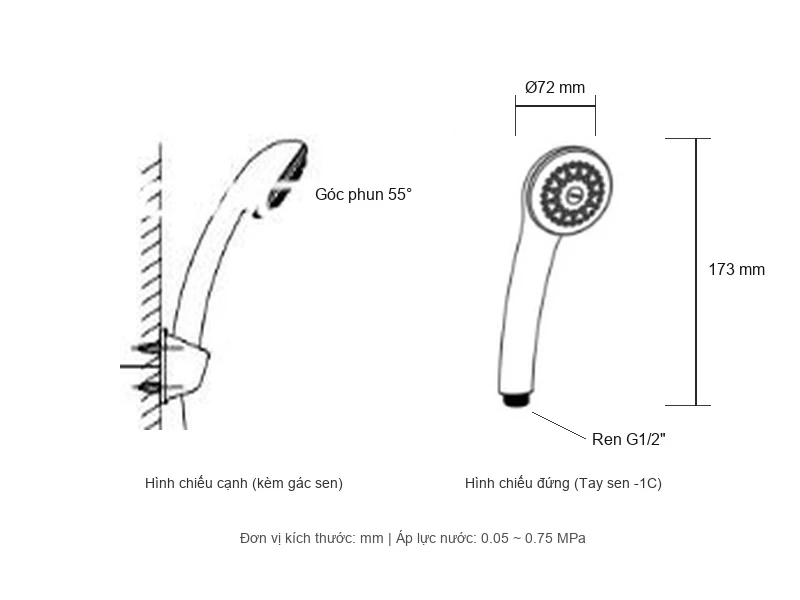 Bản vẽ kỹ thuật Tay sen tắm INAX BF-SC1 (-1C)