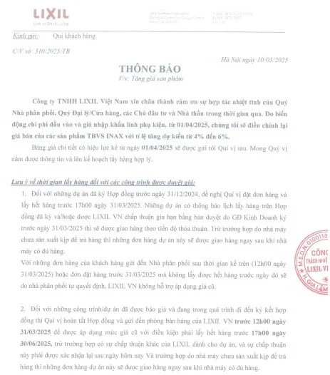 thông báo tăng giá inax