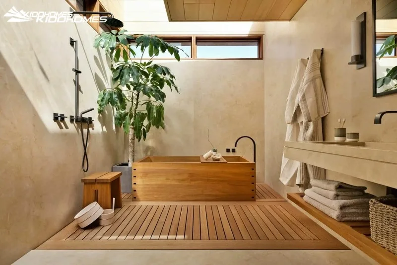 Vật liệu gỗ và đá trong phòng tắm phong cách Nhật Bản: đỉnh cao của sự thư thái