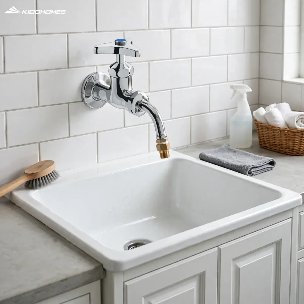 Khu giặt rửa với vòi nước lạnh gắn tường INAX LF-7R-13 tay vặn cánh bướm nối ống máy giặt