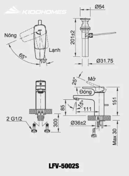 Bản vẽ kỹ thuật Vòi chậu rửa mặt INAX LFV-5002S - Nóng lạnh